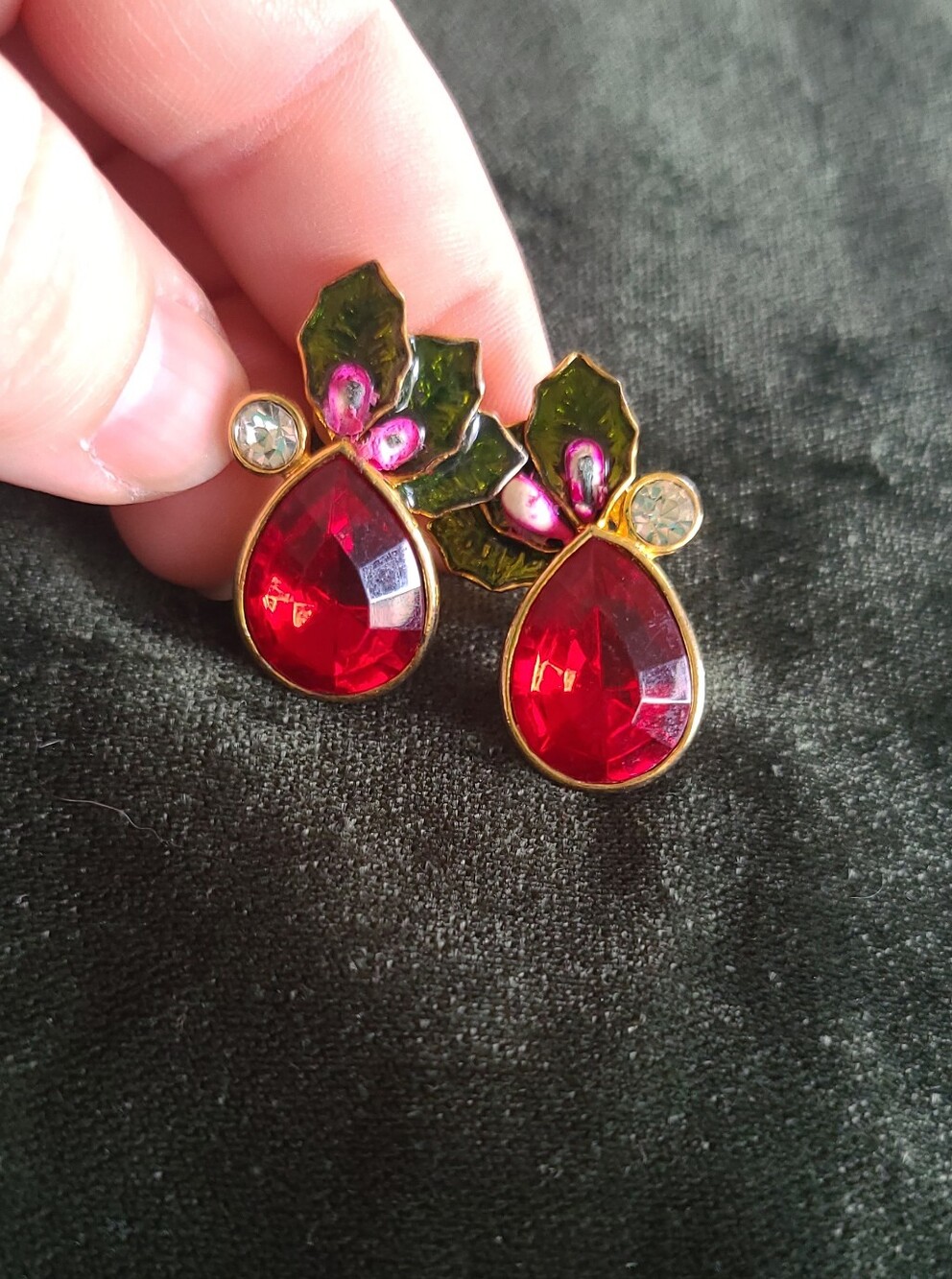 Vintage Avon Gold-Tone Earrings with Red Crystals and Green Enamel Leaves